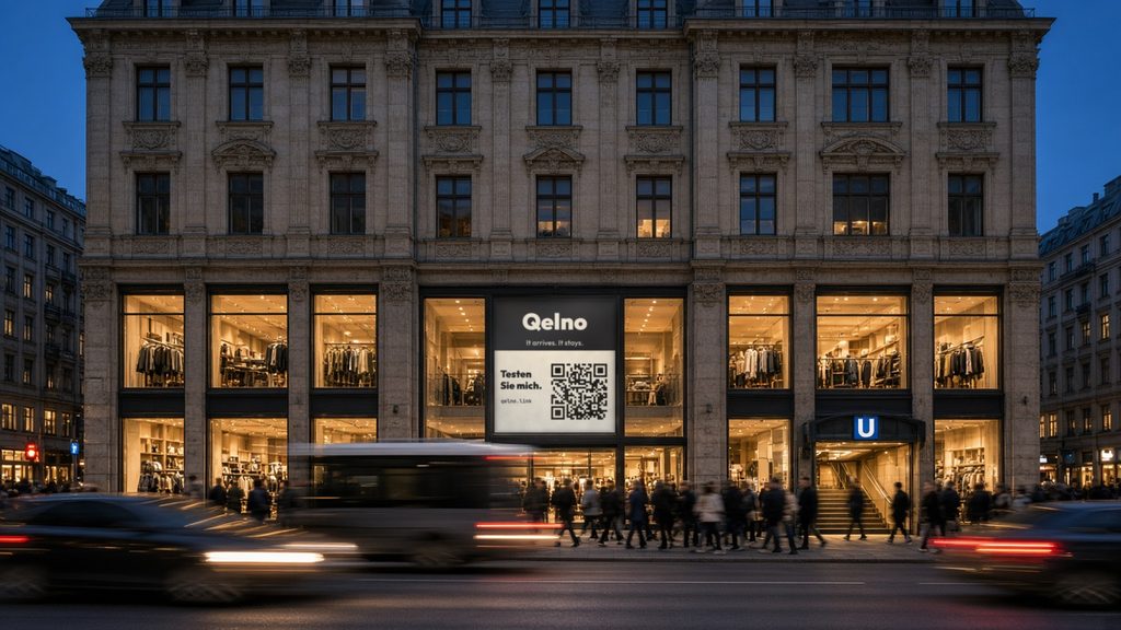 Abendliche Fassade eines Geschäftshauses an einer belebten Straße mit U-Bahn-Eingang. Im mittleren Schaufenster hängt ein Plakat mit dem Zeichen Qelno, der Zeile It arrives. It stays., dem Satz Testen Sie mich., der Adresse qelno.link und einem QR-Code.