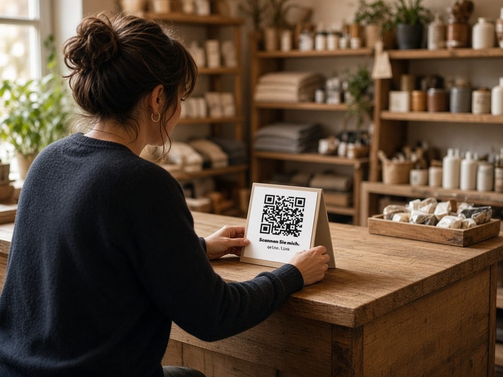 Eine Ladeninhaberin stellt an der Theke einen Tischaufsteller mit QR-Code, dem Satz Scannen Sie mich. und der Adresse qelno.link auf.